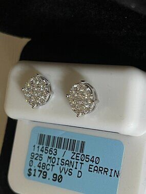 Moissanite Stud Earrings VVS 925 Sterling Silver Screw Back Cluster Cross Detail